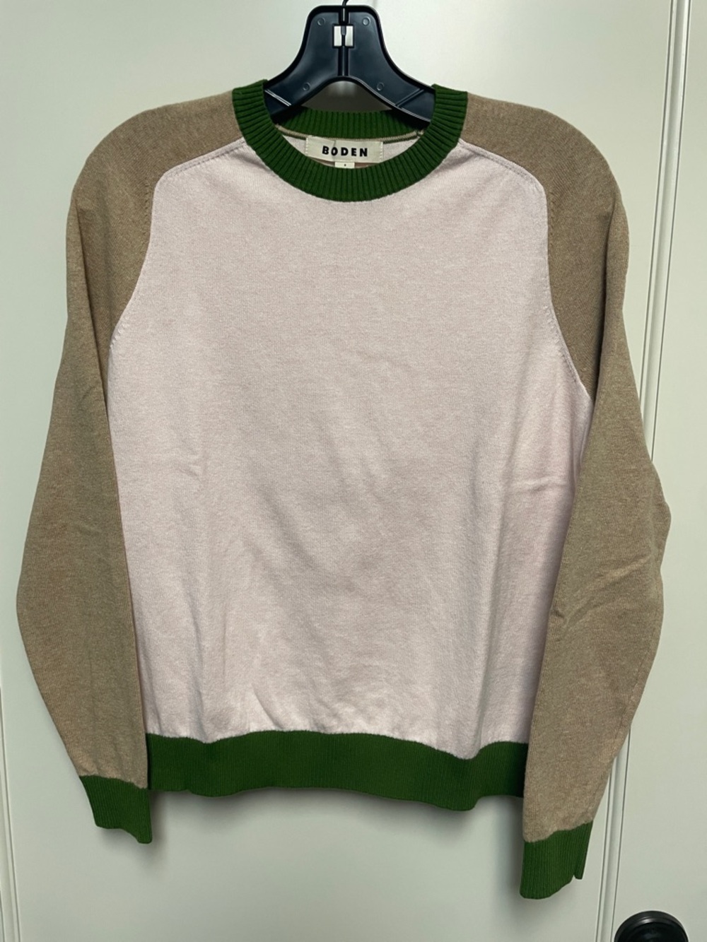 Boden Crewneck Colorblock Sweater in Light Pink, Tan & Green